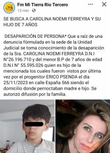 Se busca a Carolina Noemi Ferreyra y su hijo de 7 años en Río Tercero